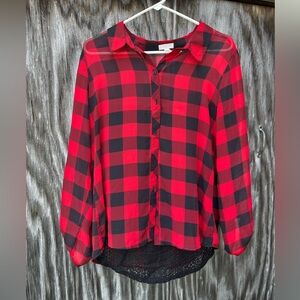 Charming Charlie black and red checkered large long sleeve blouse